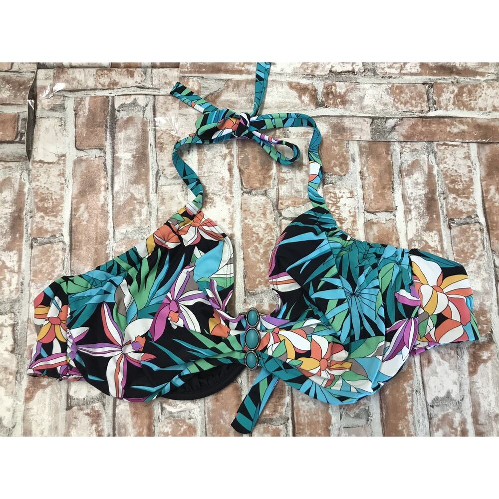 Coco Reef Jewel Floral Underwired Bikini Top Sz 36D/38D Multicolor Lined